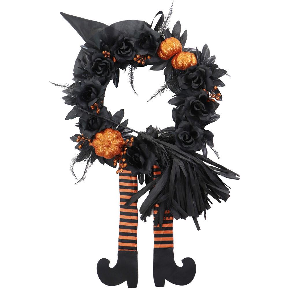 Halloween Black and Orange Floral Wreath with Pumpkins Witch's Hat/Broom/Legs for Haunted Hou