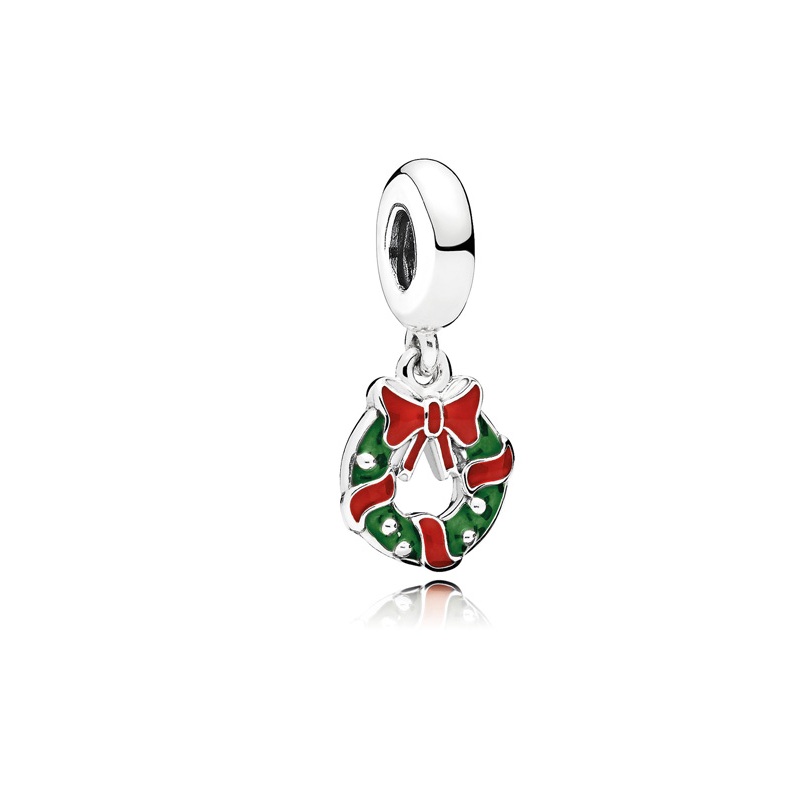Silver Enamel Holiday Wreath Bead Charm