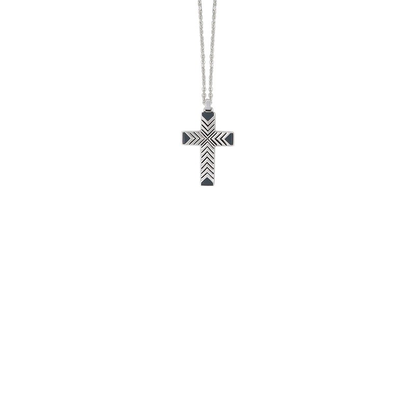 Men's Grey Enamel Cross Pendant with chain in 925 Sterling Silver