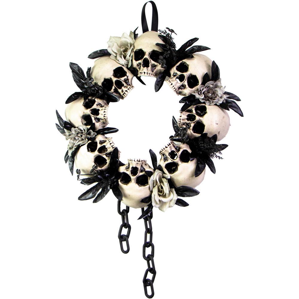 15.7In Skulls and Chains Wreath Halloween Door or Wall Decoration - (White-Black-Gray)