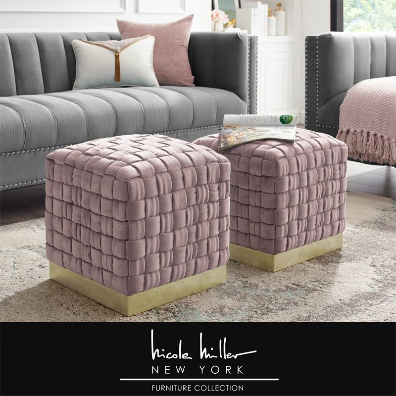 Satine Velvet Hand Woven Cube Ottoman with Gold Base - (Lilac)