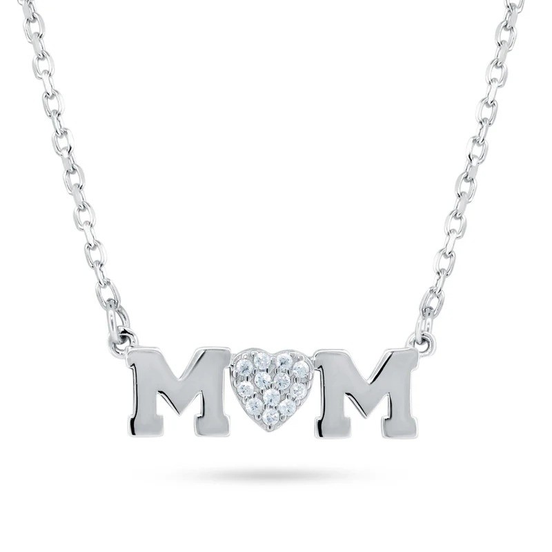 Mom Heart CZ Necklace in Rhodium Plating over 925 Sterling Silver