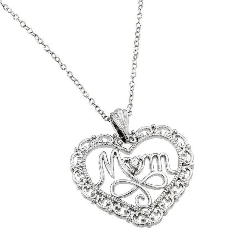 Clear CZ at Center Open Heart Mom Pendant Necklace in Rhodium Plating over 925 Sterling Silver