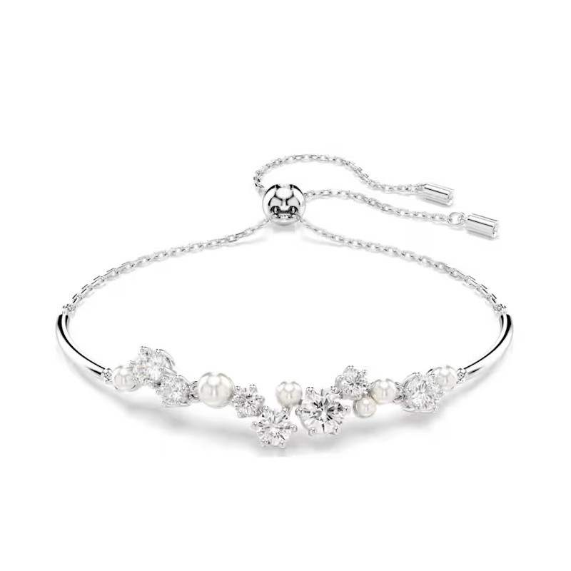 Constella bangle, Crystal pearl, Round cuts, White, Rhodium plated-Medium