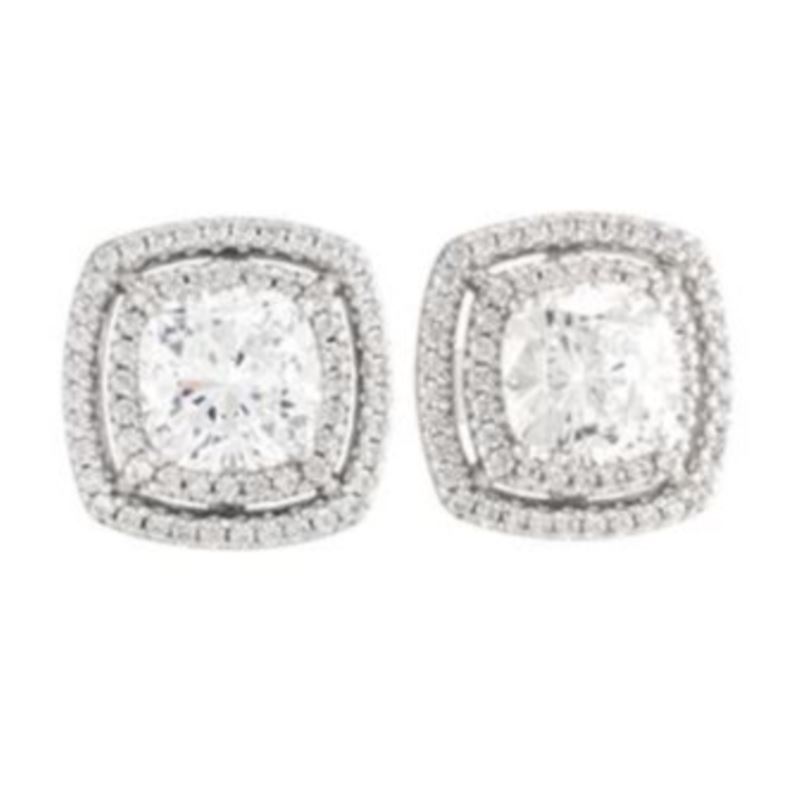 Silver Double Halo Cushion Earrings in Sterling Silver with Cubic Zirconia